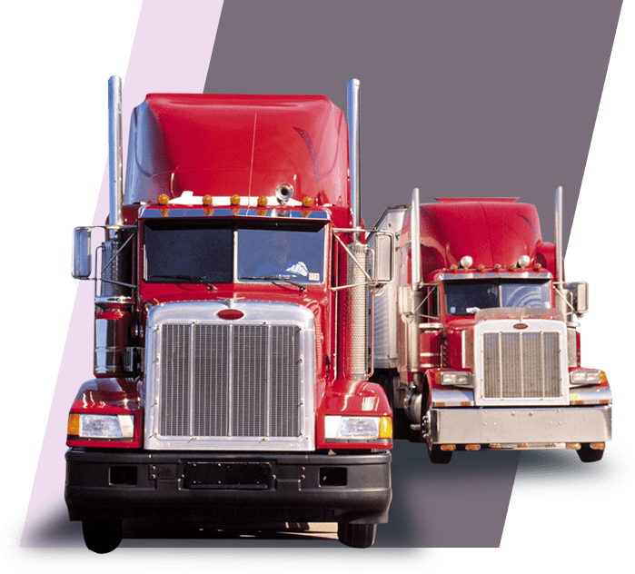 Two red semi-trucks, providing excellent logistics solutions, are parked side by side, facing forward, against a backdrop with diagonal stripes. One truck is slightly larger than the other.